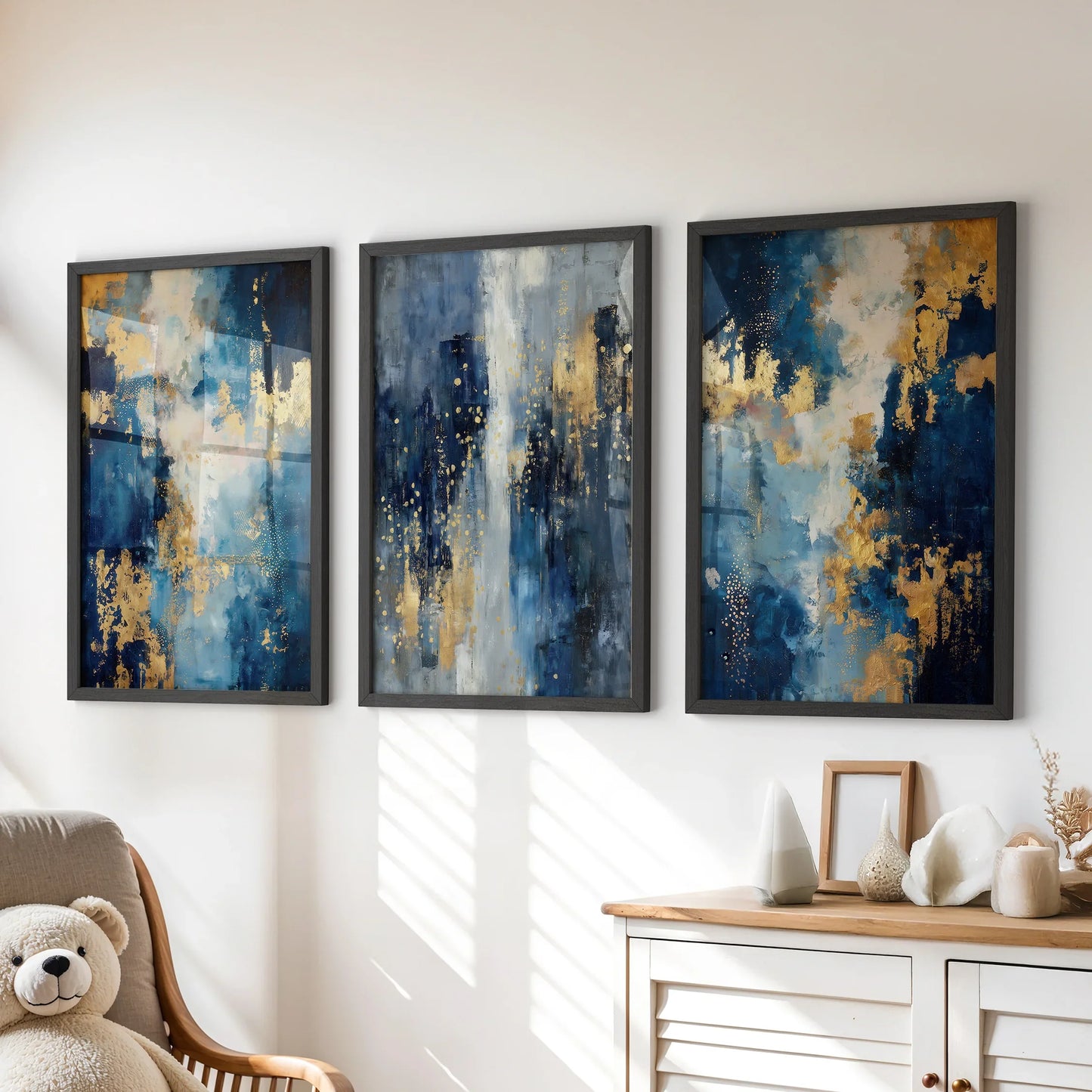 Elegant Navy and Gold Art Set of 3. Contemporary Abstract Prints