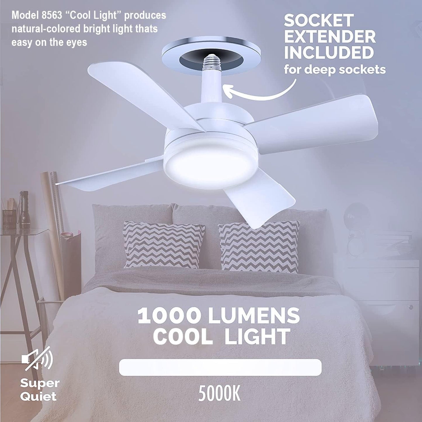 Bell+Howell Socket Breeze Modern Ceiling Fans with LED Lights, 10" LED E26/E27 Screw Base Mini Light Socket Fan with Cord for Bedroom, Living Room, Kitchen, Balcony