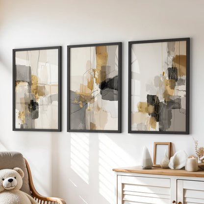 Neutral Abstract Wall Art Set of 3. Beige, Gray, Gold Prints