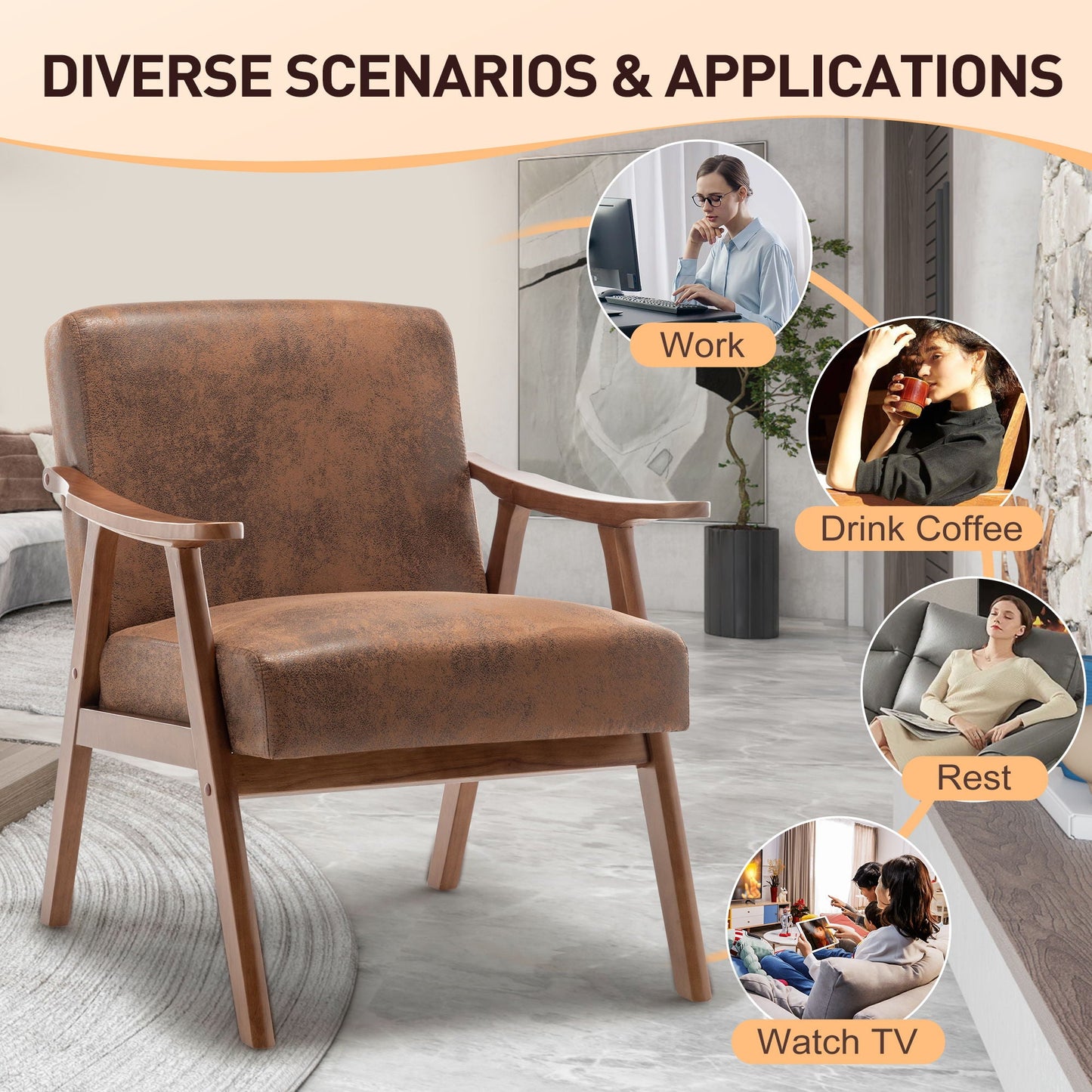 Mid Century Modern Accent Chair With Solid Wood Frame And Extra Thick Backrest