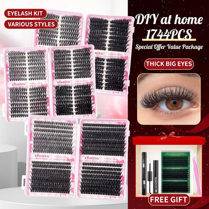 1712PCS Eyelash Cluster Kit, Dense Long Curl Lashes DIY Lash Clusters DIY Extension Set, Multiple Lengths, Includes Bond&Seal &Remove&Eyelash Tweezers &Brush D Curl（Ss02）