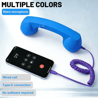 Novelty Retro Handset for Phones – Fun Gift for Parents, Teens & Offices, Easy Plug-In Type-C, Clear Calls, Tangle-Free 3Ft Cable