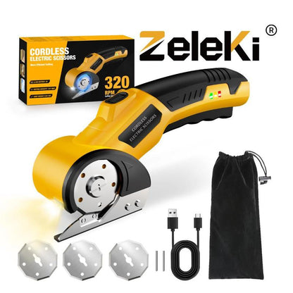 Zeleki Cordless Electric Scissors 4V – Rechargeable Heavy Duty Cutter with Safety Lock, LED Light, Long Battery Life & 2 Extra Blades | Easy-To-Use Wireless Shears for Cardboard,  Packaging Yellow with Storage Bag