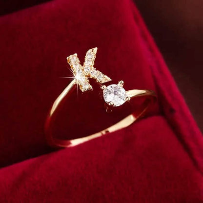 Adjustable Copper Initial Ring with Four-Claw Round Zirconia