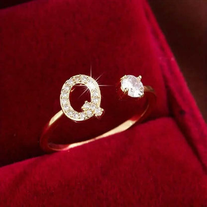 Adjustable Copper Initial Ring with Four-Claw Round Zirconia