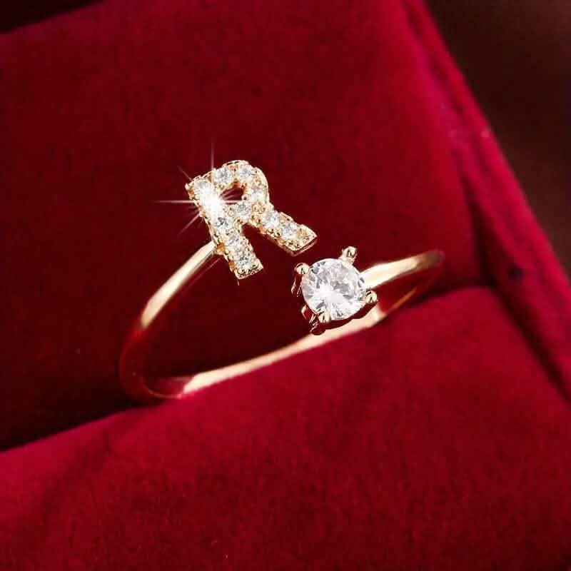 Adjustable Copper Initial Ring with Four-Claw Round Zirconia