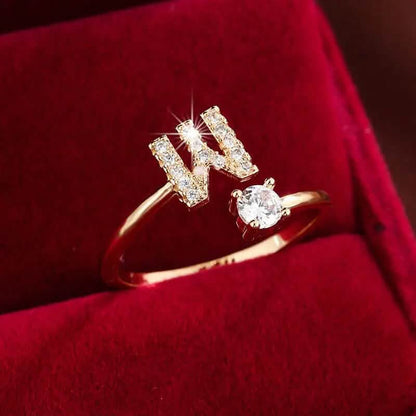 Adjustable Copper Initial Ring with Four-Claw Round Zirconia