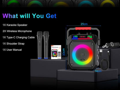 Socodox Karaoke Machine for Adults & Kids Portable Bluetooth 5.2 Speaker with 2 Wireless Microphones RGB Lights AUX USB TF AUX Home PA System for Family Party Outdoor Fun