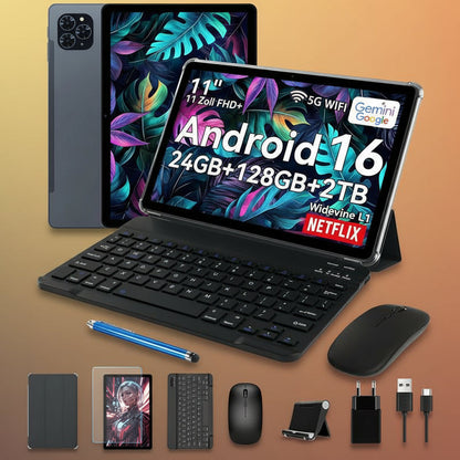 11'' Tablet Android 16, 24GB RAM 128GB ROM /2TB TF, 8000Mah, T7250 CPU+13MP Camera with Gemini AI, Widevine L1, 2 in 1 Tablets with Keyboard Mouse Stylus