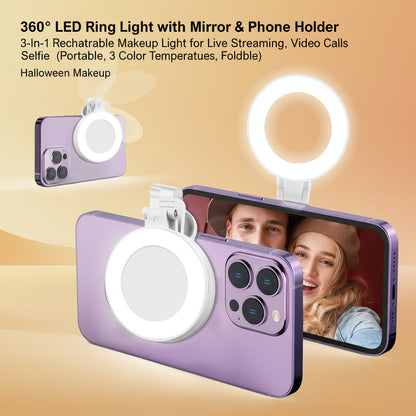 360° LED Ring Light with Mirror & Phone Holder ，3-In-1 Rechargeable Makeup Light for Live Streaming, Video Calls, Selfie (Portable, 3 Color Temperatures, Foldable),Halloween,Halloween Makeup