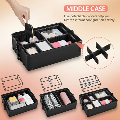 4 in 1 Professional Makeup Train Case Aluminum Cosmetic Case Rolling Makeup Case Extra Large Trolley Makeup Travel Organizer, with 360° Swivel Wheels, Black