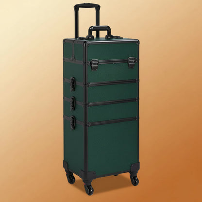 4 in 1 Professional Makeup Train Case Aluminum Cosmetic Case Rolling Makeup Case Extra Large Trolley Makeup Travel Organizer, with 360° Swivel Wheels, Black