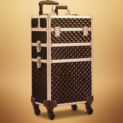 4 in 1 Professional Makeup Train Case Aluminum Cosmetic Case Rolling Makeup Case Extra Large Trolley Makeup Travel Organizer, with 360° Swivel Wheels, Black