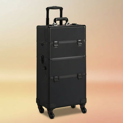 4 in 1 Professional Makeup Train Case Aluminum Cosmetic Case Rolling Makeup Case Extra Large Trolley Makeup Travel Organizer, with 360° Swivel Wheels, Black