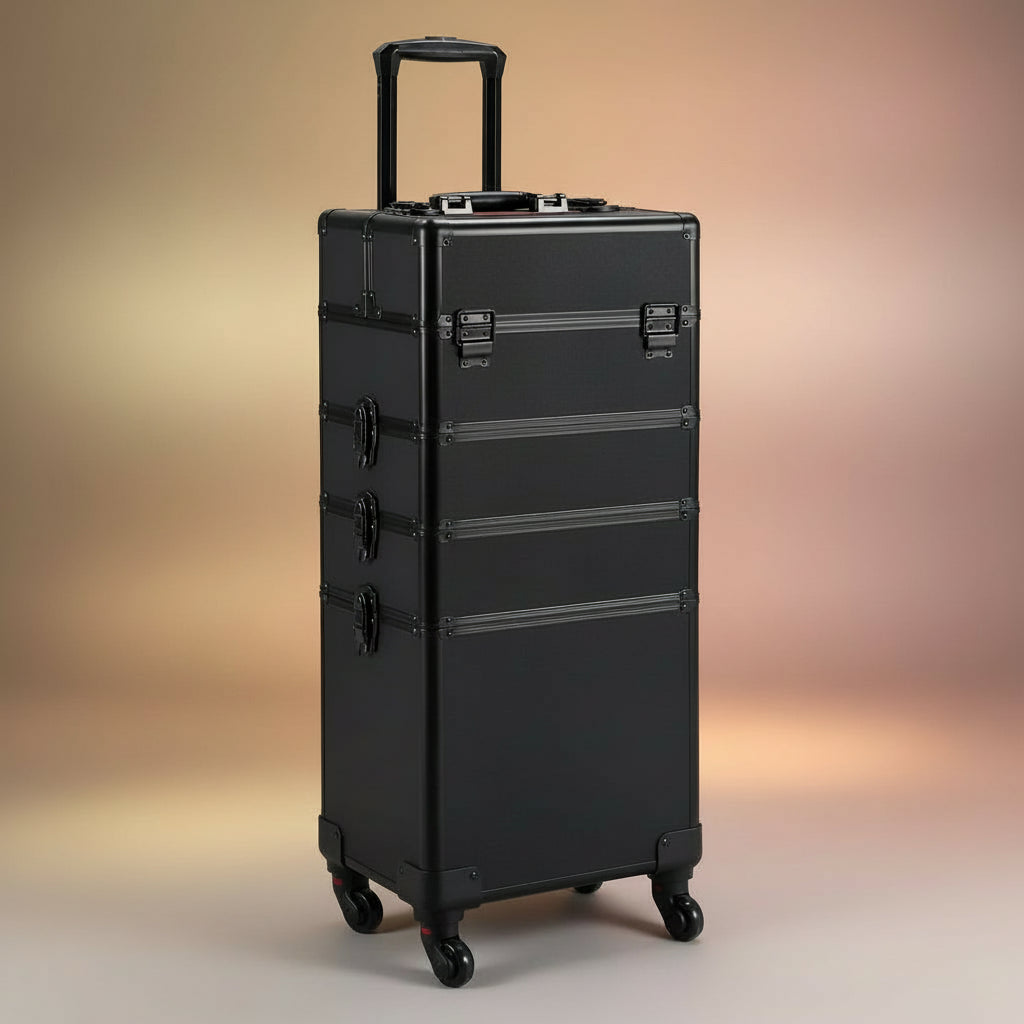 4 in 1 Professional Makeup Train Case Aluminum Cosmetic Case Rolling Makeup Case Extra Large Trolley Makeup Travel Organizer, with 360° Swivel Wheels, Black