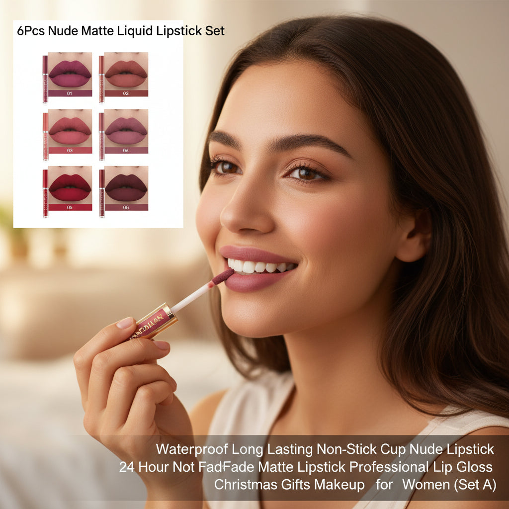 6Pcs Nude Matte Liquid Lipstick Set, Waterproof Long Lasting Non-Stick Cup Nude Lipstick 24 Hour Not Fade Matte Lipstick Professional Lip Gloss Makeup Christmas Gifts for Women (Set A)