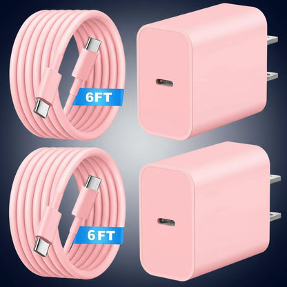 2 Pack Pink USB C Charger Blocks with 6FT Cords for iPhone 17/16/15 - Compatible with iPhone Air, Pro & Max Models