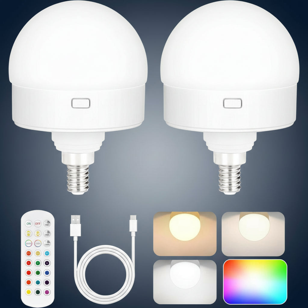 2-Pack E12 Rechargeable Battery Operated Light Bulb with Remote, Dimmable LED Bulb with 15 Colors Selectable & 3 Timer, Wireless Detachable Puck Light Bulb for Wall Sconce, Non-Hardwired