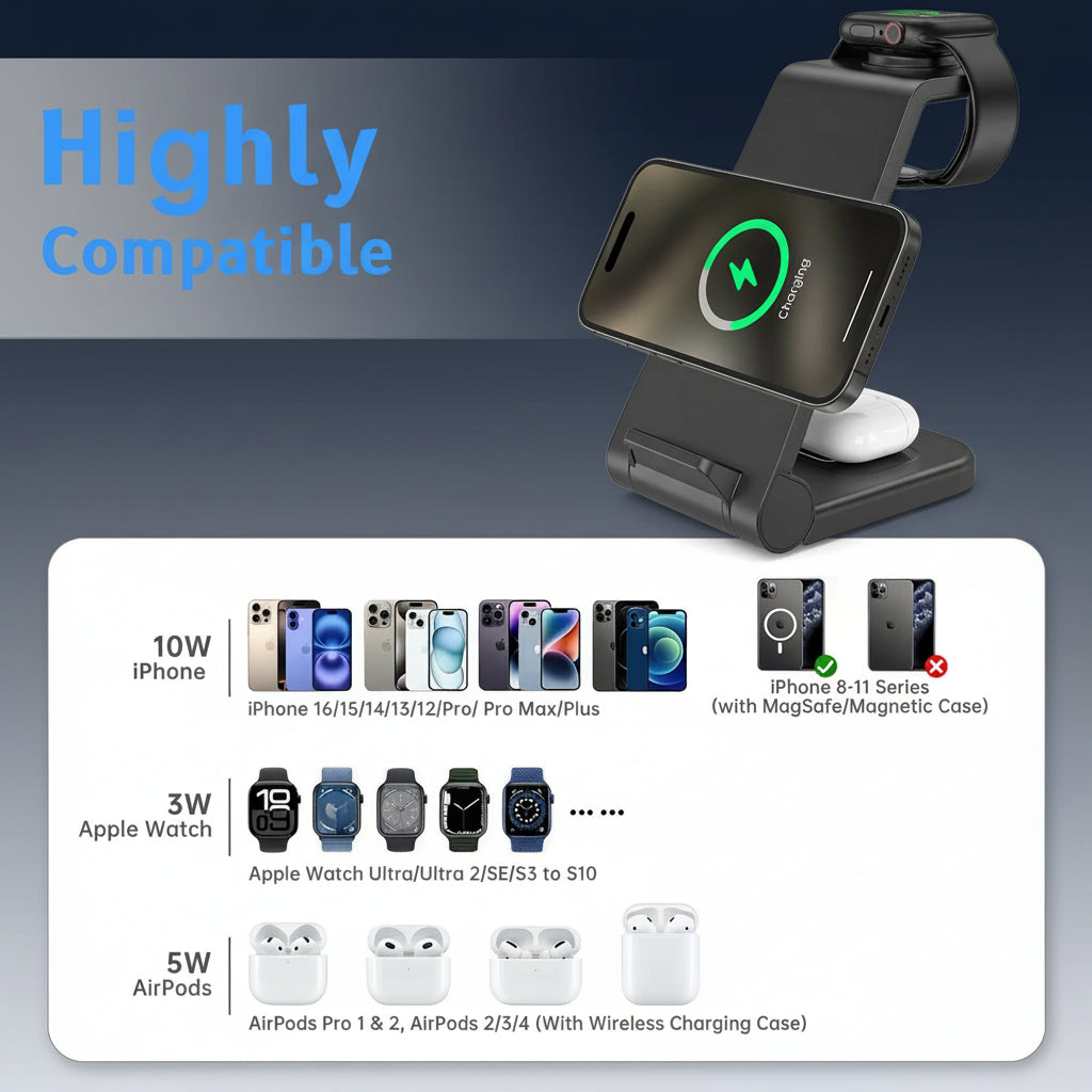 2025 3-in-1 Wireless Fast Charger - Travel Charging Station for iPhone 17-13, Apple Watch & AirPods - Perfect Gift for Home & Office