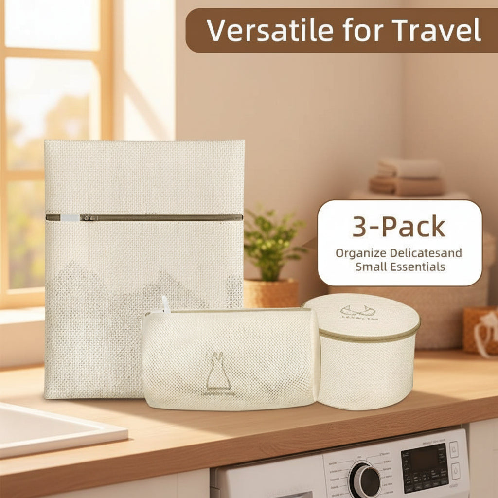 3-Piece Bag, Durable Cotton Mesh Laundry Bag, Sturdy Zipper, Breathable Mesh, Exquisite Laundry Bag for Underwear, Clothes, Pants, Shoes and Socks