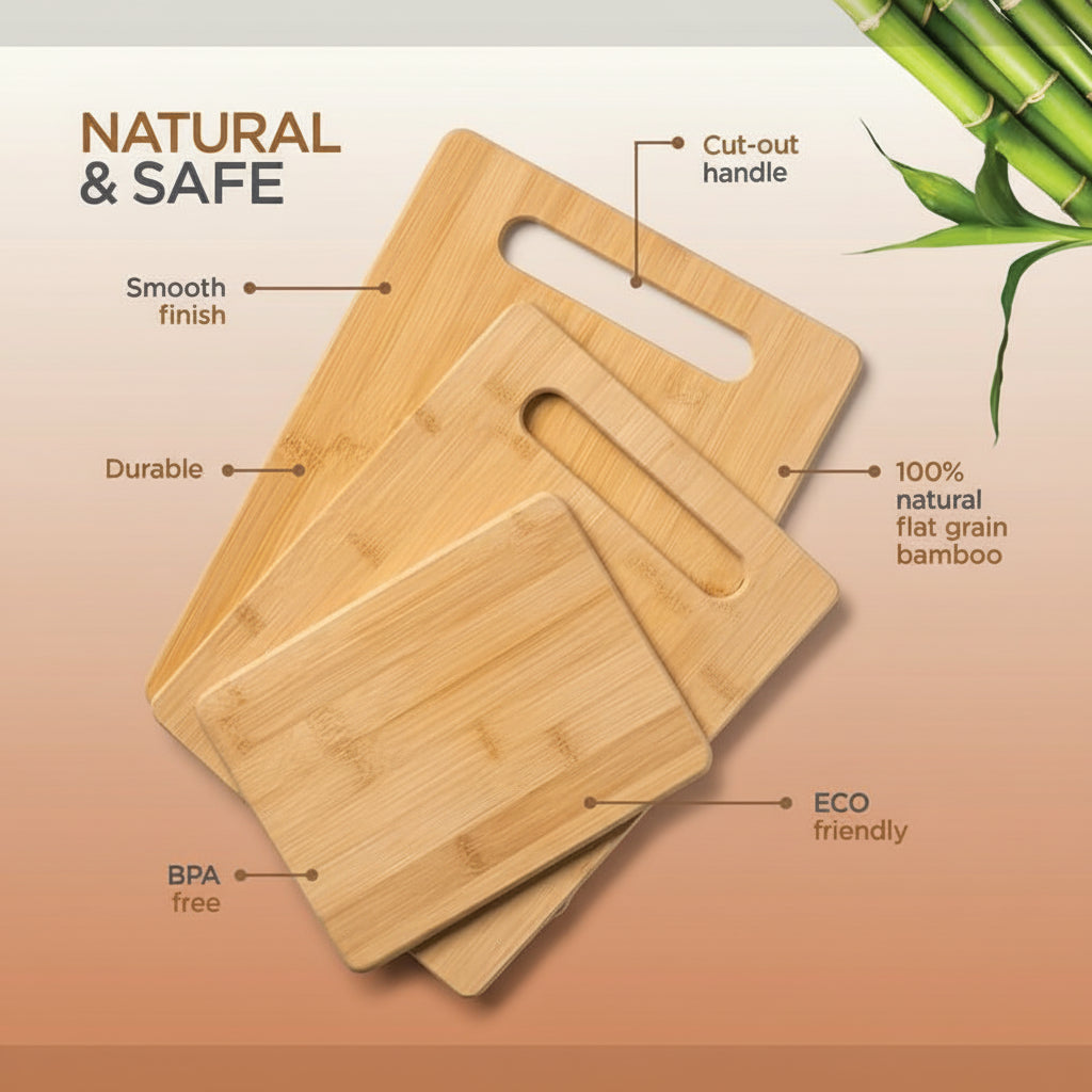 3-Piece Cutting Board Set - Bamboo Wood Chopping Boards with Built-In Hand Grips, Durable & Knife-Safe Wooden Boards for Kitchen Prep & Serving Lightweight