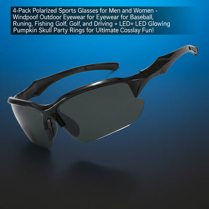 4-Pack Polarized Sports Glasses for Men and Women - Windproof Outdoor Eyewear for Baseball, Running, Fishing, Golf, and Driving + LED Glowing Pumpkin Skull Party Rings for Ultimate Cosplay Fun!