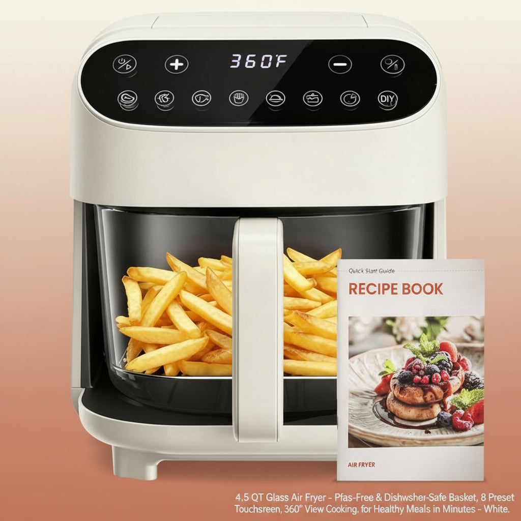 4.5 QT Glass Air Fryer - Pfas-Free & Dishwasher-Safe Basket, 8 Preset Touchscreen, 360° View Cooking, for Healthy Meals in Minutes - White