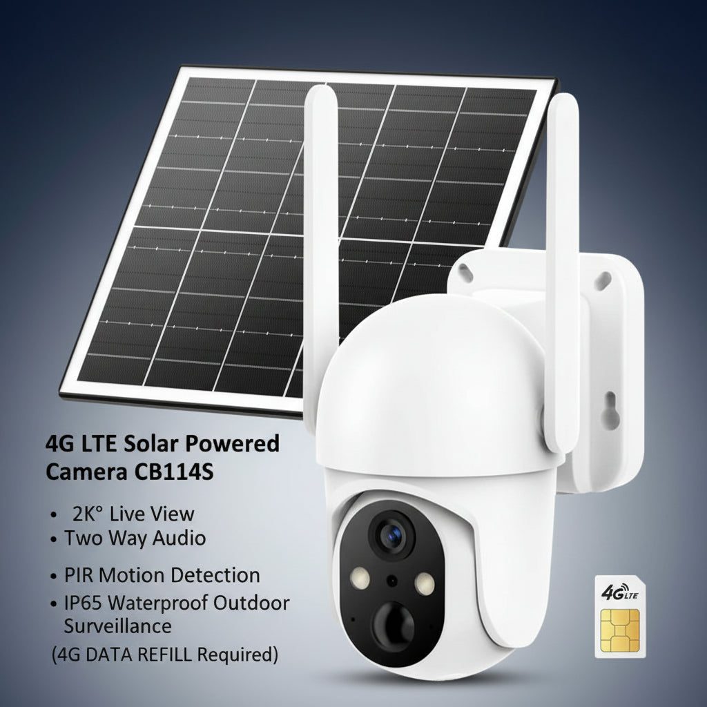 4G LTE Solar Powered Security Camera CB114S with 2K Live View 360° Coverage Two Way Audio PIR Motion Detection IP65 Waterproof Outdoor Surveillance（4G DATA REFILL Required）