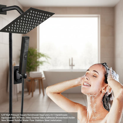 6/8"High Pressure Square Rainshower Head and 2-In-1 Handshower.Equipped with 78"Hose, 3Way Diverter Valve,Adhesive Showerhead Holder New Shower Rainfall Water Flow Stainless Steel Installation