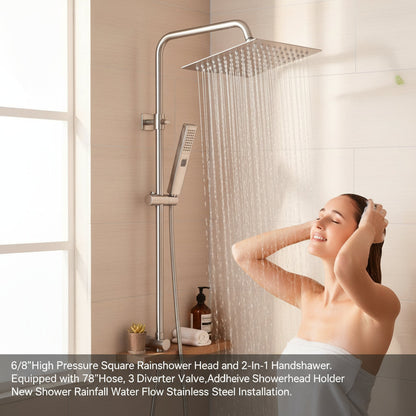 6/8"High Pressure Square Rainshower Head and 2-In-1 Handshower.Equipped with 78"Hose, 3Way Diverter Valve,Adhesive Showerhead Holder New Shower Rainfall Water Flow Stainless Steel Installation