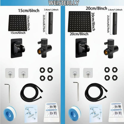 6/8"High Pressure Square Rainshower Head and 2-In-1 Handshower.Equipped with 78"Hose, 3Way Diverter Valve,Adhesive Showerhead Holder New Shower Rainfall Water Flow Stainless Steel Installation