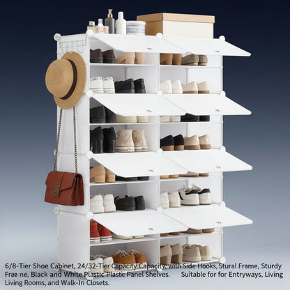 6/8-Tier Shoe Cabinet, 24/32-Tier Capacity, with Side Hooks, Sturdy Metal Frame, and Black and White Plastic Panel Shelves. Suitable for Entryways, Living Rooms, and Walk-In Closets