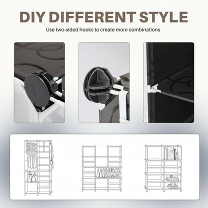 6/8-Tier Shoe Cabinet, 24/32-Tier Capacity, with Side Hooks, Sturdy Metal Frame, and Black and White Plastic Panel Shelves. Suitable for Entryways, Living Rooms, and Walk-In Closets