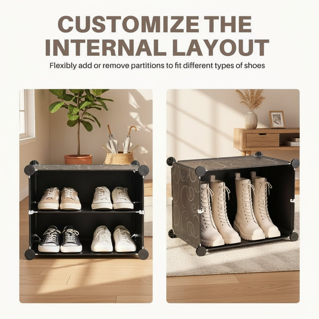 6/8-Tier Shoe Cabinet, 24/32-Tier Capacity, with Side Hooks, Sturdy Metal Frame, and Black and White Plastic Panel Shelves. Suitable for Entryways, Living Rooms, and Walk-In Closets