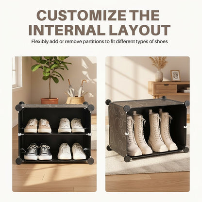 6/8-Tier Shoe Cabinet, 24/32-Tier Capacity, with Side Hooks, Sturdy Metal Frame, and Black and White Plastic Panel Shelves. Suitable for Entryways, Living Rooms, and Walk-In Closets