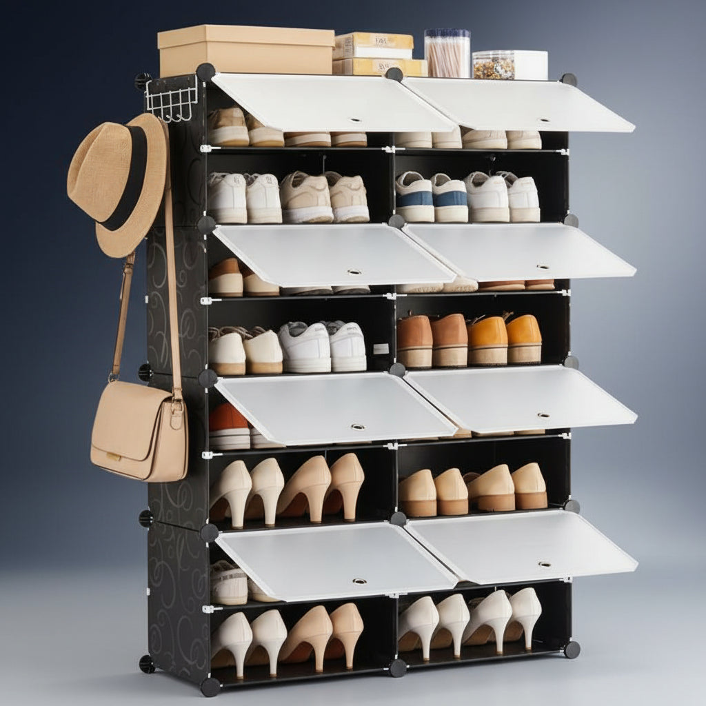 6/8-Tier Shoe Cabinet, 24/32-Tier Capacity, with Side Hooks, Sturdy Metal Frame, and Black and White Plastic Panel Shelves. Suitable for Entryways, Living Rooms, and Walk-In Closets