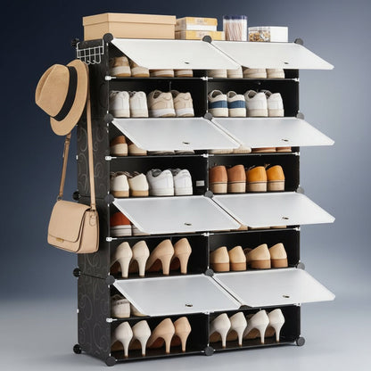 6/8-Tier Shoe Cabinet, 24/32-Tier Capacity, with Side Hooks, Sturdy Metal Frame, and Black and White Plastic Panel Shelves. Suitable for Entryways, Living Rooms, and Walk-In Closets