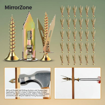 60Count Drywall Self Drilling Anchors and Screws,Easy Application,No Drill or Holes in Wall,Heavy-Duty Zinc-Plated Steel Anchors with Self-Tapping Screws,Hollow Screws and Anchors for Tv,Bicycle,Cabinet Fixing Accessories.
