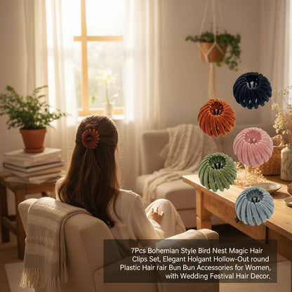 7Pcs Bohemian Style Bird Nest Magic Hair Clips Set, Elegant Hollow-Out round Plastic Hair Bun Accessories for Women, with Wedding Festival Hair Decor