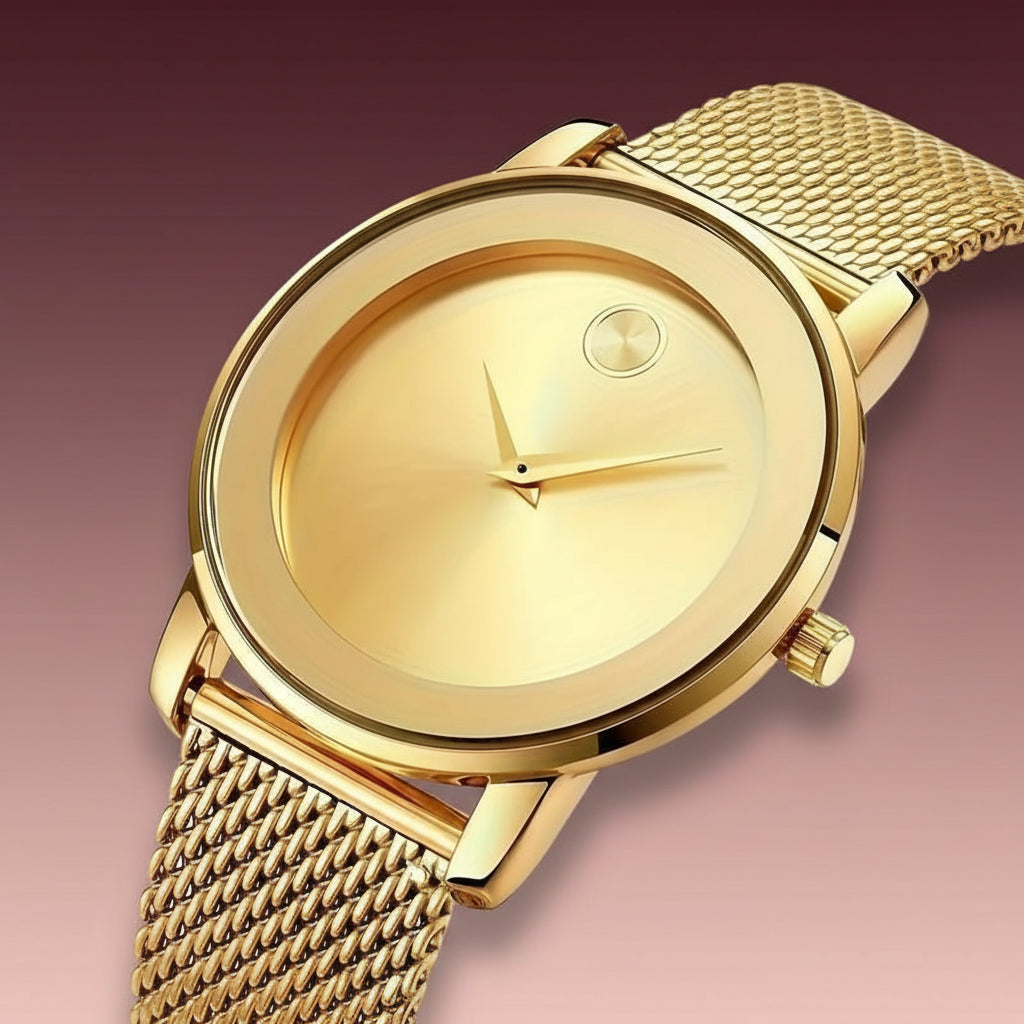 A Stylish Women'S Quartz Watch with a Mesh Strap - Featuring a Golden round Dial, Fashionable Zinc Alloy Strap and Case, a Casual Decorative Accessory, Perfect as a Ramadan Gift or a Present for Mom.