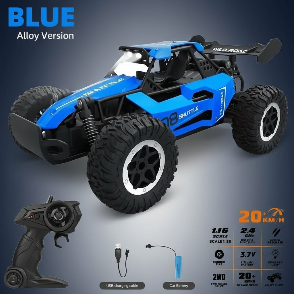 Alloy Remote Control Off-Road Vehicle, 1:16 Scale, 2.4Ghz Wireless Remote Control, Equipped with LED Headlights, Available in Black, Blue and Orange, with Shock Absorption Function.