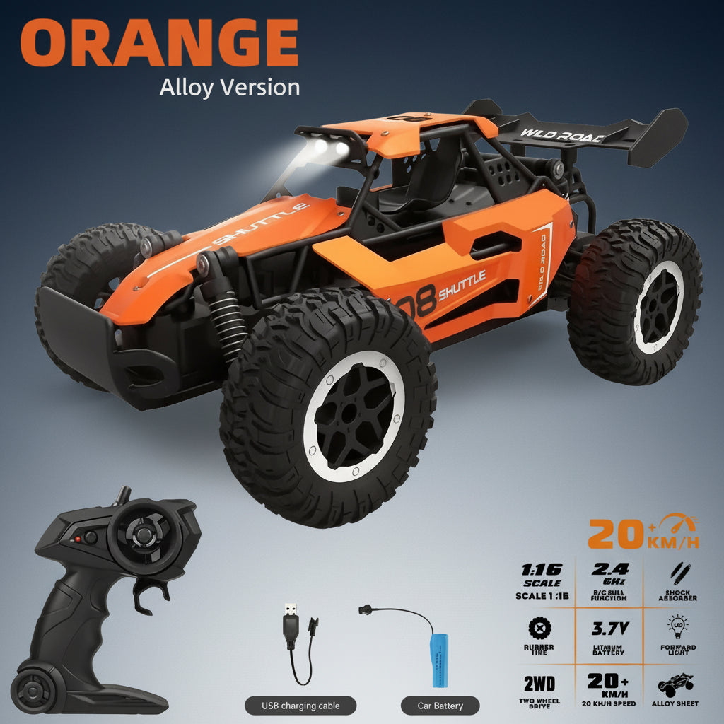 Alloy Remote Control Off-Road Vehicle, 1:16 Scale, 2.4Ghz Wireless Remote Control, Equipped with LED Headlights, Available in Black, Blue and Orange, with Shock Absorption Function.