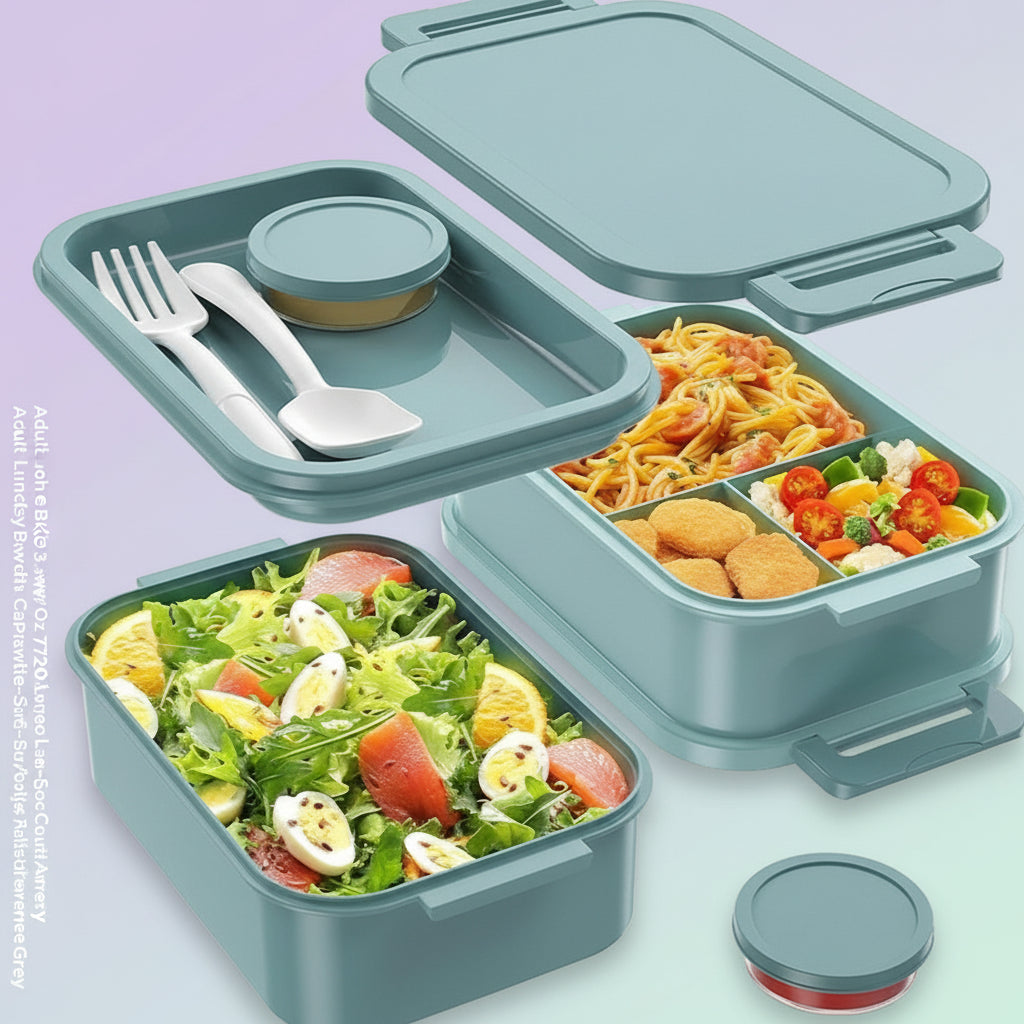 Adult Lunch Box Kids 3 Layers Stackable,Bento Lunch Box 72Oz Large Capacity Leak-Proof with Sauce Containers for Work,School,Outside Tableware Grey