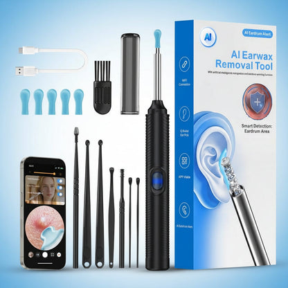 AI Ear Wax Removal Kit with 1080P HD Camera, AI Eardrum Alert, 6-Axis Gyroscope, Waterproof Lens, 230Mah Battery, 8-Piece Ear Cleaning Set, Ios & Android, FSA/HSA Eligible