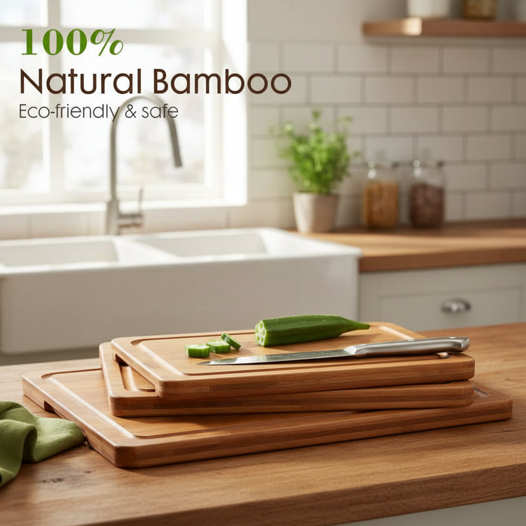 Astercook 4-Piece Bamboo Cutting Board Set with Holder Composite Side Cutting Board for Kitchen Use Chopping Kitchen Knives