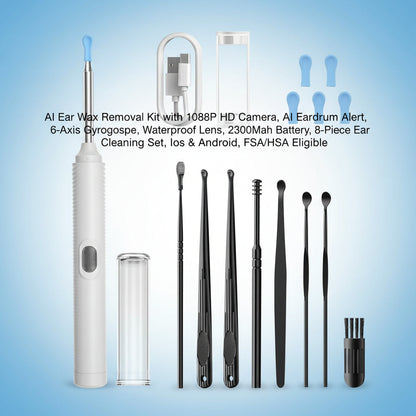 AI Ear Wax Removal Kit with 1080P HD Camera, AI Eardrum Alert, 6-Axis Gyroscope, Waterproof Lens, 230Mah Battery, 8-Piece Ear Cleaning Set, Ios & Android, FSA/HSA Eligible
