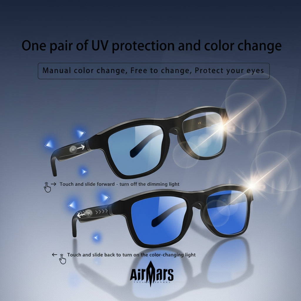 Airmars GV90AI Smart AI Translation Glasses with Bluetooth Headphones, Sliding Dimming & Color Changing Lenses, UV Protection, One-Touch Multi-Function Control, Easy-To-Use Wearable