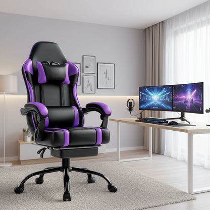 Bellemave Video Game Chairs for Adults PU Leather Gaming Chair with Footrest 360°Swivel Adjustable Lumbar Pillow Comfortable Computer Chair Ergonomic Design