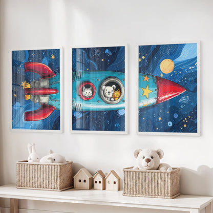 Outer Space Kids Wall Art. Rocket and Stars Nursery Prints