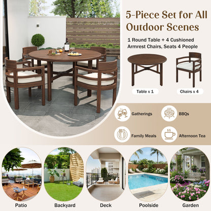5 Piece Round Patio Table & Cushioned Armrest Chairs, Outdoor Dining Set With Umbrella Hole